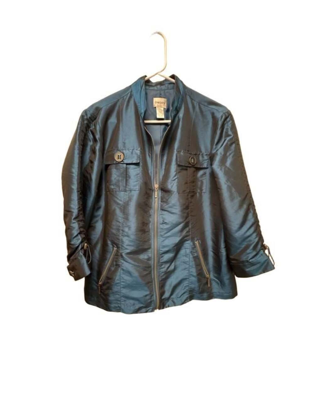 Chico's Blue Zip Front Jacket Coat With Satin Finish And 3/4 Sleeves